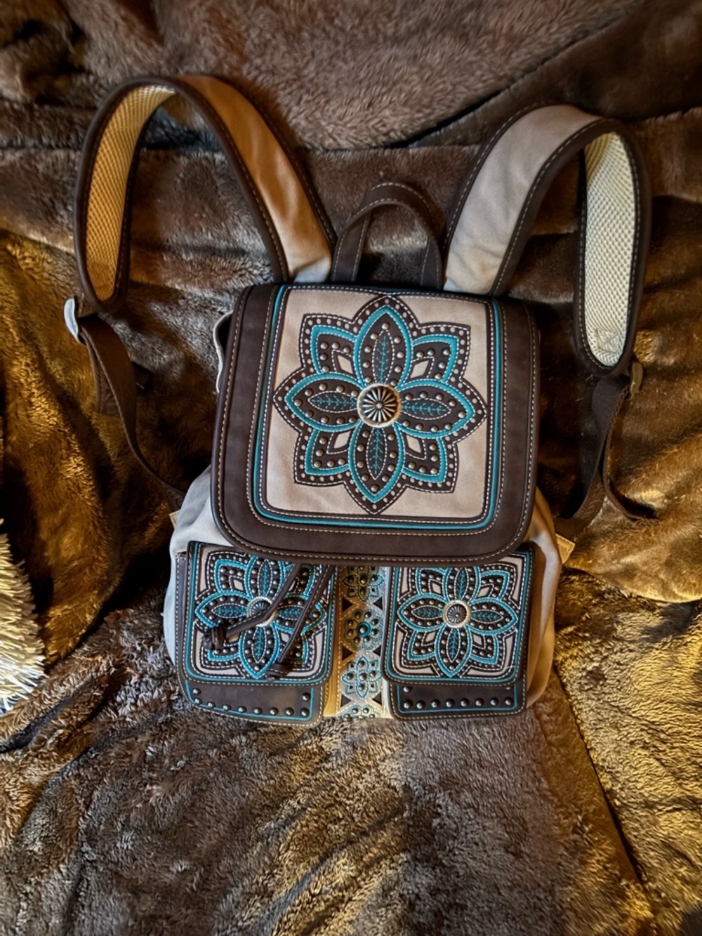 Montana West Teal & Brown Embroidered Floral Backpack